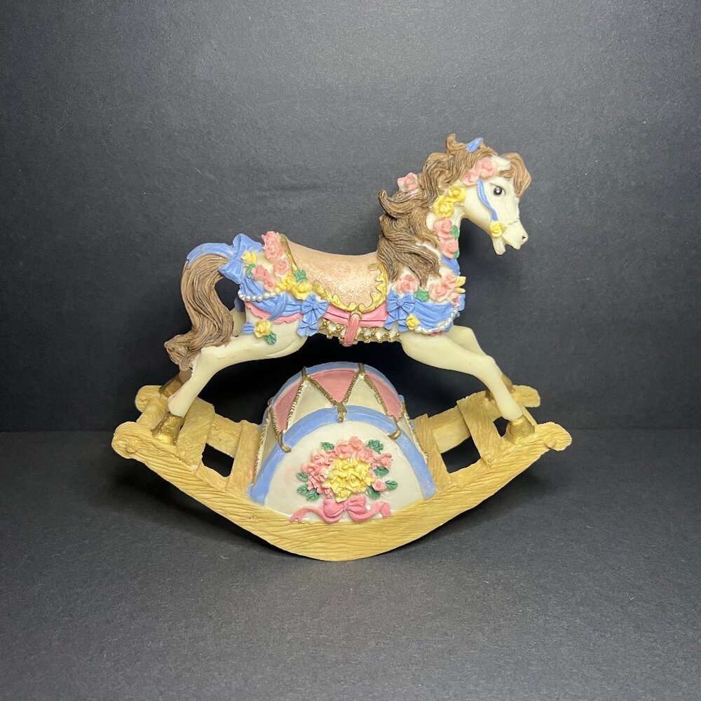 VTG Westland Resin Floral & Ribbon Embellished Carousel Rocking Horse Music Box